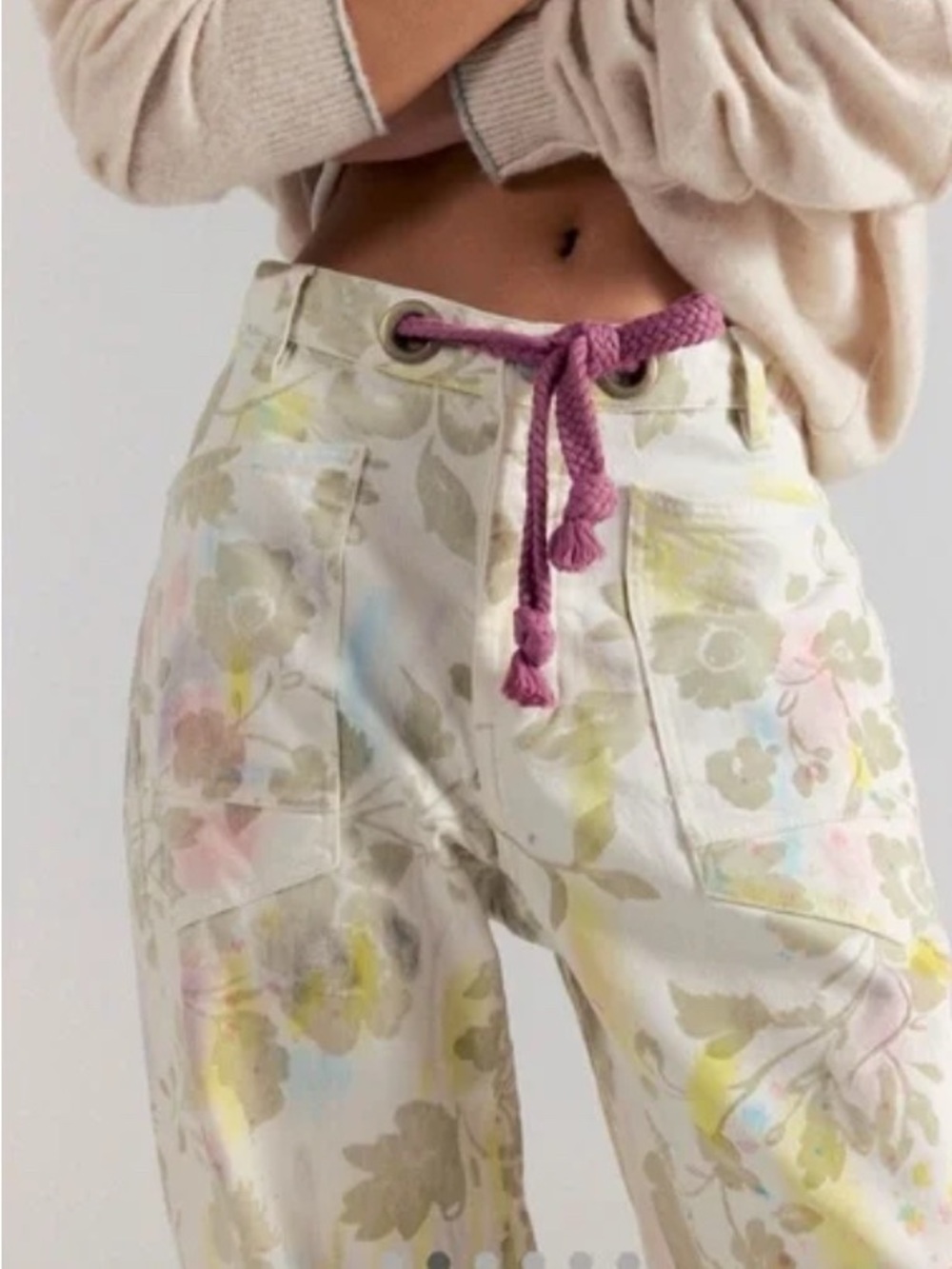 Free People Floral Wide-Leg Pants with Pink Rope Belt